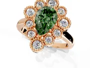 Cluster Halo Engagement Ring Setting for Fancy Green Pear-Shaped Center with Milgrain Bezel Accents and Prong Head in Rose Gold
