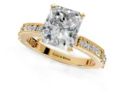 Solitaire Engagement Ring Setting for Radiant Cut Center with Milgrain-Edged Pave Band and Prong Head in Yellow Gold