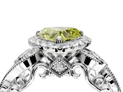Milgrain Halo Engagement Ring Setting for Fancy Yellow Heart-Shaped Center with Shoulder Bezels and Prong Head in White Gold