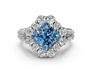 Large Accent Halo Engagement Ring Setting for Fancy Blue Princess Cut Center with Pave Split Shank and Prong Head in Platinum