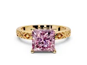 Solitaire Engagement Ring Setting for Fancy Pink Princess Cut Center with Milgrain X Pattern Band and Prong Head in Yellow Gold