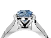 Halo Engagement Ring Setting for Fancy Blue Cushion Cut Center with Knife Ridge Cathedral Band and Prong Head in Platinum