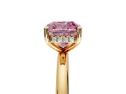 Hidden Halo Engagement Ring Setting for Fancy Pink Cushion Cut Center with Thin Round-Wire Band and Prong Head in Yellow Gold