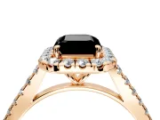 Halo Engagement Ring Setting for Fancy Black Emerald Cut Center with Narrowing Pave Band and Prong Head in Rose Gold