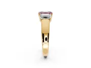 3 Stone Engagement Ring Setting for Fancy Pink Emerald Cut Center with Raised Basket Heads and Prong Head in Yellow Gold
