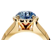 Halo Engagement Ring Setting for Fancy Blue Round Cut Center with Knife Ridge Cathedral Band and Prong Head in Yellow Gold
