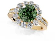 Halo Engagement Ring Setting for Fancy Green Round Cut Center with Milgrain Channel Band and Prong Head in Yellow Gold