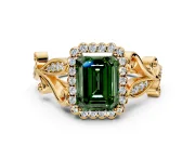 Halo Engagement Ring Setting for Fancy Green Emerald Cut Center with Leaf Motif Split Shank and Prong Head in Yellow Gold