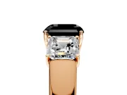 3 Stone Engagement Ring Setting for Fancy Black Asscher Cut Center with Raised Basket Heads and Prong Head in Rose Gold