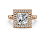 Halo Engagement Ring Setting for Princess Cut Center with Milgrain Rim, Pave Band and Prong Head in Rose Gold