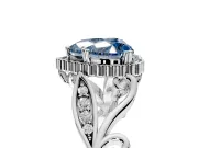 Halo Engagement Ring Setting for Fancy Blue Heart-Shaped Center with Leaf Motif Split Shank and Prong Head in Sterling Silver