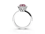 Halo Engagement Ring Setting for Fancy Pink Round Cut Center with Openwork Halo, Pave Band and Prong Head in Platinum