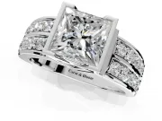Bezel Engagement Ring Setting for Princess Cut Center with Wide Channel-Set Band and Bezel Head in Platinum