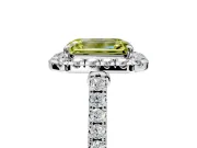 Halo Engagement Ring Setting for Fancy Yellow Emerald Cut Center with Narrowing Pave Band and Prong Head in Platinum