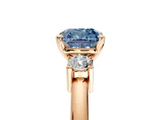 3 Stone Engagement Ring Setting for Fancy Blue Cushion Cut Center with Wide Plain Band and Prong Head in Rose Gold