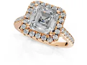 Halo Engagement Ring Setting for Asscher Cut Center with Raised Halo, Pave Band and Prong Head in Rose Gold