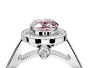Halo Engagement Ring Setting for Fancy Pink Oval Center with Outer Bezel Rim, Pave Band and Prong Head in Platinum