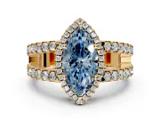 Halo Engagement Ring Setting for Fancy Blue Marquise Center with Wide-Open Pave Split Shank and Prong Head in Yellow Gold