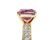 Solitaire Engagement Ring Setting for Fancy Pink Asscher Cut Center with Domed Multi-Row Pave Band and Prong Head in Yellow Gold