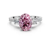 3 Stone Engagement Ring Setting for Fancy Pink Oval Center with Round Cut Side Accents and Prong Head in Sterling Silver