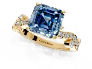 Solitaire Engagement Ring Setting for Fancy Blue Asscher Cut Center with Bar-Station Pave Twist and Prong Head in Yellow Gold