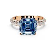 Solitaire Engagement Ring Setting for Fancy Blue Asscher Cut Center with Domed Multi-Row Pave Band and Prong Head in Rose Gold