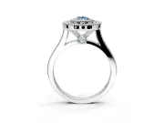 Halo Engagement Ring Setting for Fancy Blue Pear-Shaped Center with Milgrain Frame, Pave Band and Prong Head in Sterling Silver