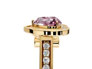 Halo Engagement Ring Setting for Fancy Pink Heart-Shaped Center with Outer Bezel Rim, Pave Band and Prong Head in Yellow Gold
