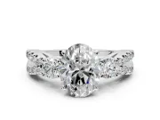 3 Stone Engagement Ring Setting for Oval Center with Pave Split Shank and Prong Head in Platinum