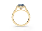 Halo Engagement Ring Setting for Fancy Blue Princess Cut Center with Narrowing Pave Band and Prong Head in Yellow Gold