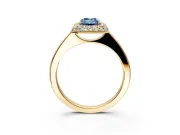 Halo Engagement Ring Setting for Fancy Blue Emerald Cut Center with Plain Tapered Band and Prong Head in Yellow Gold