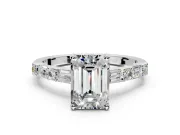 Baguette Engagement Ring Setting for Emerald Cut Center with Alternating Bar-Set Band and Prong Head in Platinum
