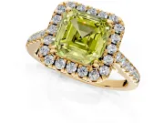 Halo Engagement Ring Setting for Fancy Yellow Asscher Cut Center with Raised Halo, Pave Band and Prong Head in Yellow Gold