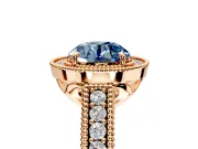 Milgrain Halo Engagement Ring Setting for Fancy Blue Round Cut Center with Pave Band and Prong Head in Rose Gold