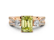 3 Stone Engagement Ring Setting for Fancy Yellow Emerald Cut Center with Pave Split Shank and Prong Head in Rose Gold