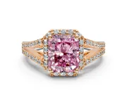 Halo Engagement Ring Setting for Fancy Pink Radiant Cut Center with Pave Split Shank and Prong Head in Rose Gold