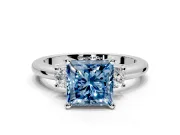 3 Stone Engagement Ring Setting for Fancy Blue Princess Cut Center with Wide Plain Band and Prong Head in Sterling Silver