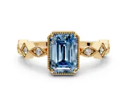 Milgrain Bezel Engagement Ring Setting for Fancy Blue Emerald Cut Center with Marquise Stations and Bezel Head in Yellow Gold