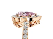 Halo Engagement Ring Setting for Fancy Pink Pear-Shaped Center with Heart-Shaped Openwork, Pave Band and Prong Head in Rose Gold
