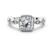 Milgrain Bezel Engagement Ring Setting for Cushion Cut Center with Marquise Stations and Bezel Head in Sterling Silver