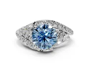 Halo Engagement Ring Setting for Fancy Blue Round Cut Center with Marquise and Pave Bypass Band and Prong Head in White Gold