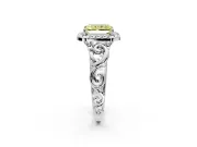 Halo Engagement Ring Setting for Fancy Yellow Radiant Cut Center with Open Scroll Shoulders and Prong Head in Platinum