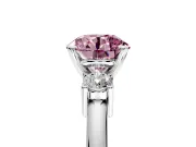 3 Stone Engagement Ring Setting for Fancy Pink Round Cut Center with Wide Plain Band and Prong Head in White Gold