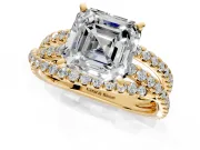 Solitaire Engagement Ring Setting for Asscher Cut Center with Woven 3-Strand Pave Band and Prong Head in Yellow Gold