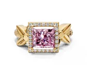 Halo Engagement Ring Setting for Fancy Pink Princess Cut Center with Floral Band and Prong Head in Yellow Gold