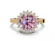 Starburst Halo Engagement Ring Setting for Fancy Pink Round Cut Center with Flat Cathedral Band and Prong Head in Yellow Gold