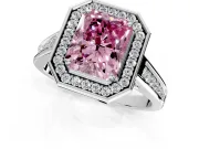 Halo Engagement Ring Setting for Fancy Pink Radiant Cut Center with Outer Bezel Rim, Pave Band and Prong Head in Sterling Silver