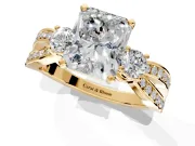 3 Stone Engagement Ring Setting for Radiant Cut Center with Pave Twist Band and Prong Head in Yellow Gold