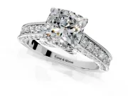 Solitaire Engagement Ring Setting for Cushion Cut Center with Milgrain-Framed Pave Band and Prong Head in Sterling Silver