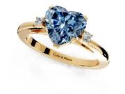 3 Stone Engagement Ring Setting for Fancy Blue Heart-Shaped Center with Low-Set Round Cut Accents and Prong Head in Yellow Gold